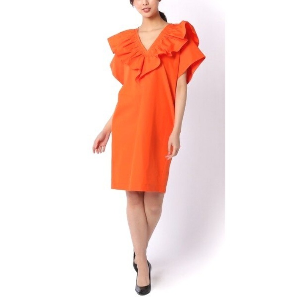 Tela Dress Women XS Orange Cotton Poplin Ruffle V-Neck Cap‎ Sleeve Shift Mini